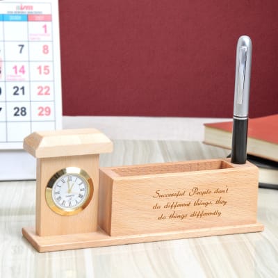 Wooden Pen Stand with Clock